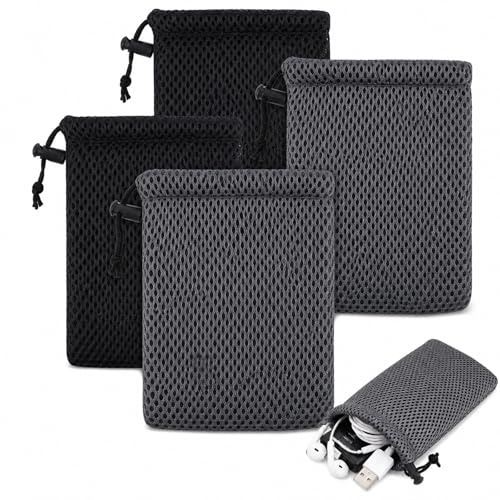 Kleine Beutel mit Zugband 4er Set – Netzbeutel 13x9 cm, Mesh Beutel Klein Schwarz & Grau, Aufbewahrungstasche Klein für Mini Stuff, Tasche für Powerbank, Minitasche MP3, Ladegerät, Kopfhörer