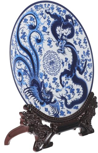 Hoement Platos Cerámicos de Estilo Chino en Azul con Soporte, Vajilla para Fiestas y Decoración de Mesa, Fácil Limpieza y Uso Versátil