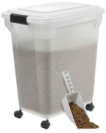 Iris Ohyama Hundefutter Aufbewahrung mit Rollen, 45L/15kg, Weiß, Luftdichte Futterbox, Trockenfutter, Futterbehälter, Für Hunde, Katzen, Tierfutterbehälter, Schaufel, BPA-frei, Futtertonne, ATS-L