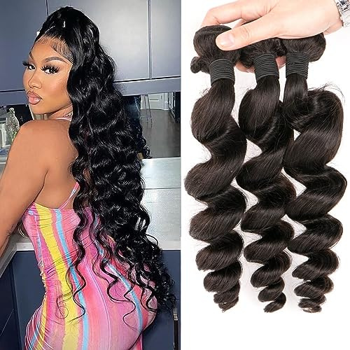 10A Loose Wave Human Hair 3 Bundles Brazilian Virgin Human Hair 24 26 28 Inch Loose Wave Bundles 100% Unprocessed Virgin Hair Bundles Long Loose Weave Human Hair Bundles Hair Extensions