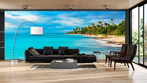 Fototapete für Wand, Landschaft, Strand, Palmen, Wandbild, dekorative Wanddekoration, Vinyl, verschiedene Maße 400 x 300 cm, Dekoration für Esszimmer, Wohnzimmer