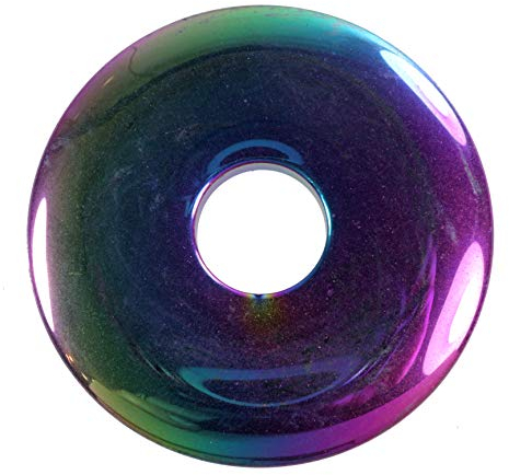 Lebensquelle Plus Edelstein Donut Ø 40 mm + Baumwollband + Edelsteinkarte | Naturstein Anhänger Halskette | Echte Heilsteinkette inkl. Band (Regenbogen Hämatit)