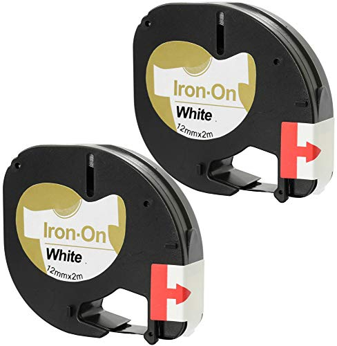 Cartridges Kingdom 2 Compatible S0718850 18769 18771 12mm x 2m Black on White Iron-On Fabric Label Tapes for DYMO LetraTag LT-100H, LT-100T, LT-110T, QX 50, XR, XM, 2000, Plus Printers