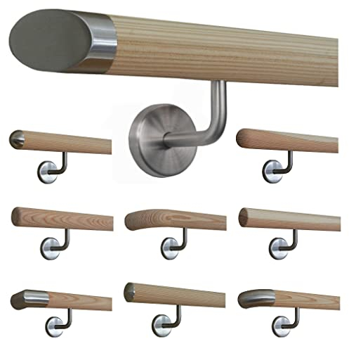 TIBU Holz Handlauf Lärche unbehandelt Geländer Wandhandlauf Wand Treppe 30-500cm mit gewinkelten Edelstahl Halter, Länge 400 cm mit 5 Halter und Ende schräges Edelstahlendstück