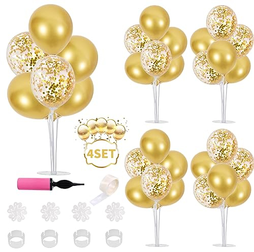 Support de Ballon 4 Pièces Comprend 32 Ballons Or, Support de Ballon Anniversaire Table Décoration Ballon Arbre de fête pour diplômes Mariage ête d'anniversaire