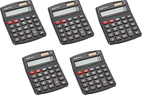 Amazon Basics LCD 8-Digit Desktop Calculator, Portable and Easy to Use, Black, 5-Pack
