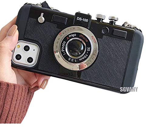 Unique Case Compatible with iPhone 12 Pro Max, Cool Fun 3D Camera Design Emily in Paris Hard PC Back Cover+Soft Silicone Bumper with Long Lanyard Shockproof Protective Case (Black, iPhone 12 Pro Max)
