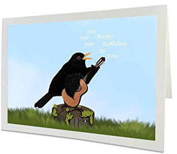 Lustige Geburtstagskarte mit Vogelmotiv Amsel mit Gitarre singt Happy Birthday Inklusive Umschlag
