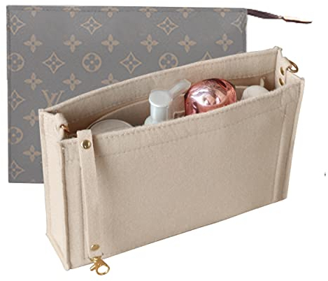 TTdayup Multi-Pocket Tote Organizer Insert Basic Style Tasche und Geldbörse Organizer mit D-Ringen, Bag in Bag Liner Organizer Filzhandtasche mit Reißverschluss, Für LV Kulturbeutel 19 und 26,Beige,S