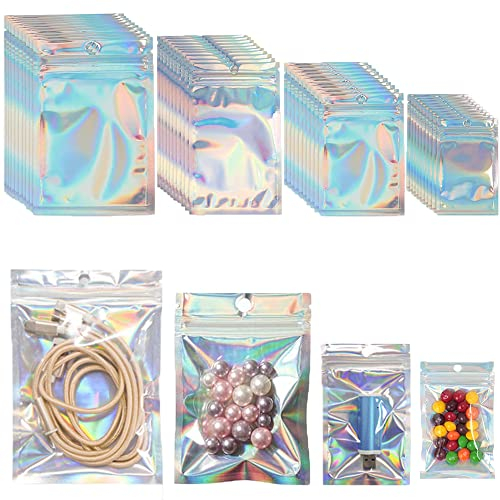 200 Stück Holografische Beutel, 4 Größen Mylar-Beutel zur Lebensmittelaufbewahrung Folienbeutel Wiederverschließbarer Beutel für Kaffeebohnen Süßigkeiten Schmuckverpackung