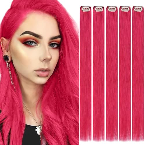 RUNATURE Pink Clip in Hair Extensions Human Hair 22 Inch Clip in Extensions Pink Remy Hair Extensions Clip in Colored Hair Extensions Human Hair for Highlight 25g/5pcs