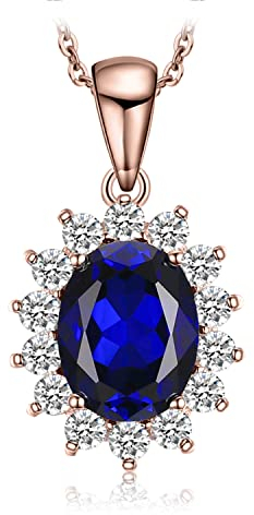 JewelryPalace Princess Diana Kate Middleton Class Gemstone Birthstone Sapphire Emerald Statement Pendant Necklace for Women, 14k Rose Gold 925 Sterling Silver Necklaces for Women, 18 Inch Box chain