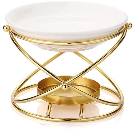 QIHONGC Decorative Metal Essential Oil Burner Wax Melt Burner with Ceramic Bowl Home Decorative Tea Light Candle Holder Aroma Diffuser Golden