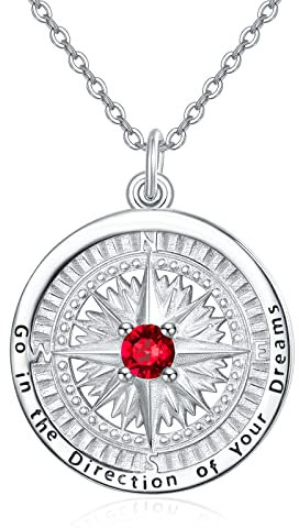 KINGWHYTE Kompass-Halskette mit Geburtsstein-Anhänger aus 925 Sterling Silber, Gehen Sie in die Richtung Ihres Traums, Kompass-Schmuck, Abschlussgeschenke für Frauen, Ehefrau, Freundin(Juli)