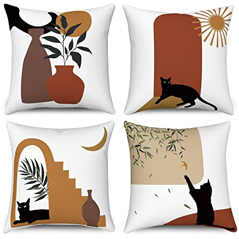 Hnmdmyi Kissenbezug Boho 50x50 4er Set, Abstrakte Schwarze Katze Pflanze Sonne Mond Dekorative Kissenbezüge Moderne Minimalistische Kunst Ästhetische Leinen Kissenhülle für Sofa Outdoor Home Decor