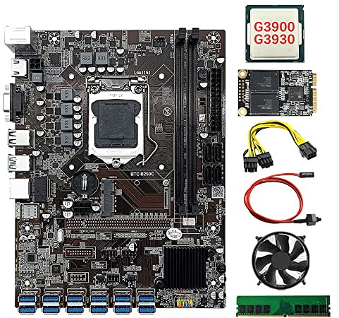 XIDIT B250C 12 Card GPU Mining Motherboard+CPU+Fan+4G DDR4 RAM+128G SSD+Power Cable+Switch Cable 12XUSB3.0 LGA1151 DDR4 MSATA