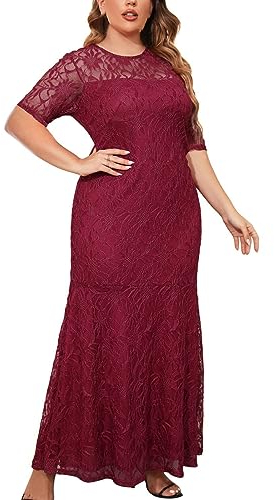 Dyhxuan Abendkleid Lang Damen Spitze Patchwork Ballkleid 5XL Siebenteilige Ärmel Rundhals Partykleid Einfarbige Hohe Taille Cocktailkleid Abiballkleid Knöchellang Maxikleid Brautjungfern Kleider