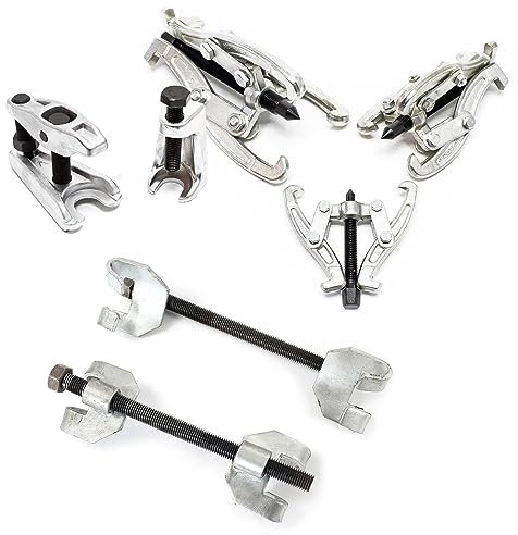 XPOtool Federspanner Satz 7-TLG. 355 mm aus Stahl, mit Klauen- & Kugelgelenkabzieher Montagespanner Audrücker, für Pkw Tuning Tieferlegung, Spannwerkzeug