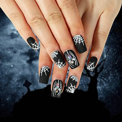 24 PCS Halloween faux ongles toile d'araignée cristal faux ongles pressé sur les ongles des femmes fille ongles