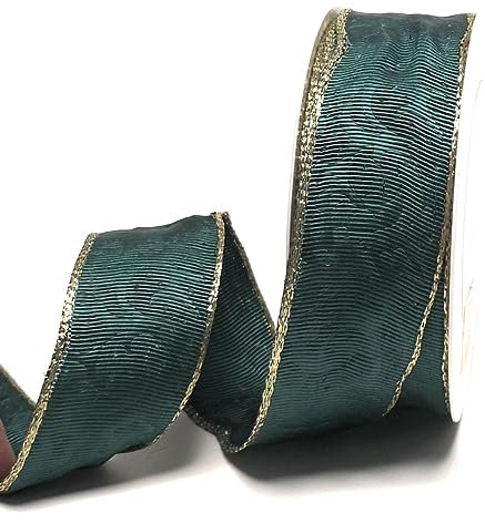 s.dekoda Schleifenband 25m x 40mm Grün Altgrün - Gold Belle Epoque Dekoband mit Draht [D1138]