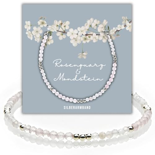 happymaker - Mondstein Armband echt mit Rosenquarz und Sterling Silber Perlen, Silberarmband mit Edelsteinen, Geschenkverpackung, Geburtsstein Juni, handgefertigt in Deutschland