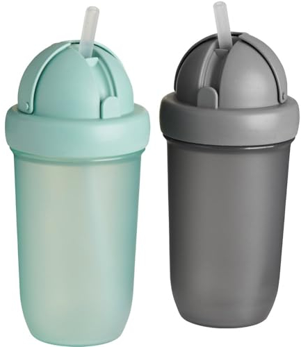 Straw Sippy Cup, 300ml x 2 Pack Teal & Grey Tiny to Tots 12M+ Soft Silicone Straw Sippy Cups with Fold Down Flip Top Lid, Leakproof 360 Cup for Toddlers