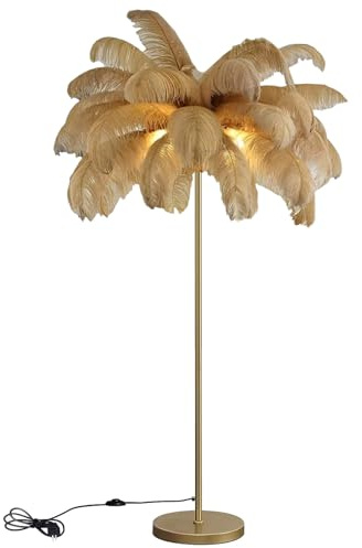 ANram Lampadaire en Plumes 160 cm Avec Ampoule LED G4, Interrupteur à Pied, Élégant en Plumes Naturelles d'Autruche pour Chambre à Coucher, Salon - Camel