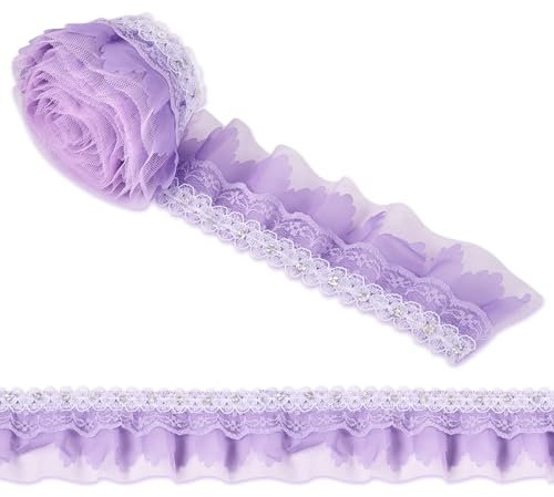 Spritewelry 2M Satin Organza Lace Edge Trim 2-Layer Pleated Chiffon Lace Ribbon Edging Trimmings for Sewing Embroidered Applique Wedding Decor 50mm Lilac