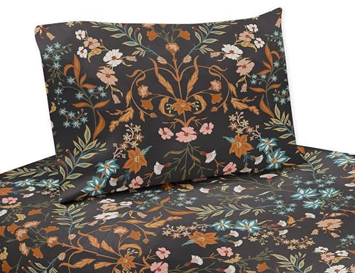 Sweet Jojo Designs Bettlaken-Set mit Boho-Wildblumen-Motiv, Vintage-Stil, Blumenmädchen, Queen-Size-Bett, flach, für Kinder und Erwachsene, 4-teilig, Schwarz, Orange, Blaugrün, böhmisches Bauernhaus,