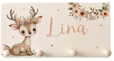 Kidsmood Kindergarderobe Personalisiert mit Namen, Kinderzimmer Möbel aus robustem Holz, Garderobenleiste Kinder, Baby Garderobe für Babyzimmer mit 4 Kleiderhaken Wand-Montage [40x20x1,5 cm]