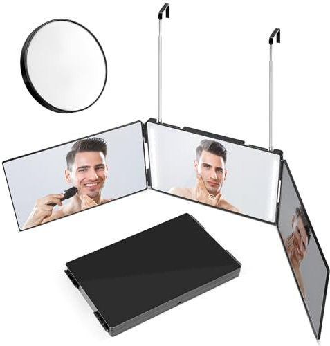 Kairey 3 Way Mirror with Light, 360° Self Cut Mirror Portable Trifold Mirror with Telescoping Hook Muiltiple Make up Mirror with 10X Magnifying to See Back of Head for Bathroom, Over Door