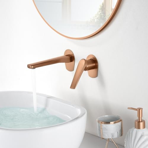 IMEX - Grifo Lavabo Empotrado Oro Rosa Cepillado | Grifo Empotrado Baño con Agua Fria y Caliente | Grifo Monomando Lavabo Pared con Ahorro de Agua | Serie Delos