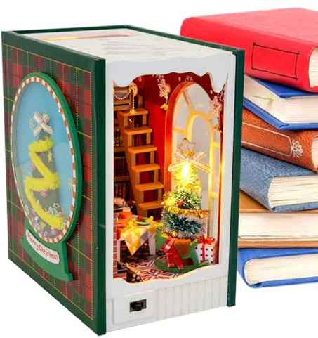 Kit de serre-livres pour adultes | Serre-livres décoratifs de Noël miniature pour coin de livre – Maquette de Noël en bois avec lumière LED pour filles