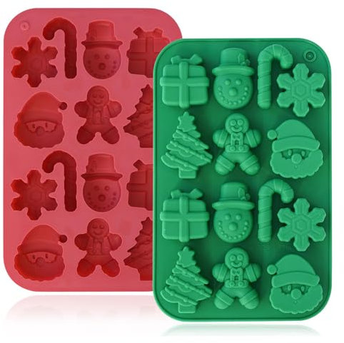 Hebterrka 2 Stück Weihnachten Silikon Schokoladenformen, Süßigkeiten Backformen, 3D Schneeflocke Zuckerstange Schneemann Weihnachtsbaum Lebkuchenmann Santa Geschenkbox Form
