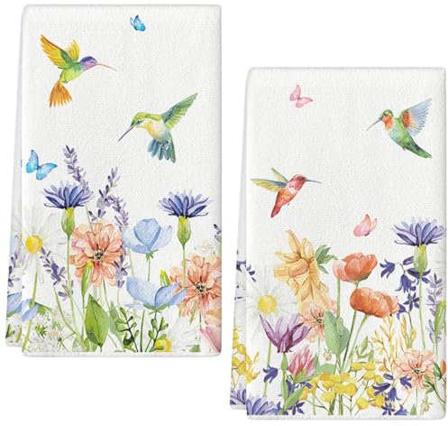 DIELOVEHUA Mode Dekoration Küchentücher, 2 Stück Frühling Küchentücher Geschirrtücher, Blumen Blätter Kolibri Küchentücher, Weiche Mikrofasertücher, Saisonale Dekoration Handtücher