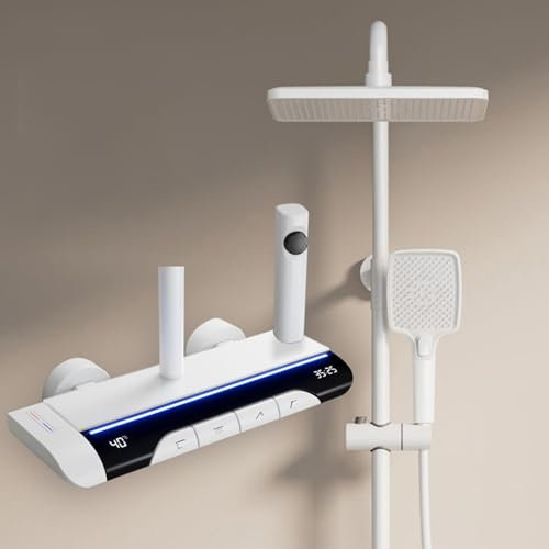 WPHH Badezimmer Duscharmatur Set, Heiß Kalt Dusche Mischbatterie Set, Hochverstellbares Regenduschset Mit Klaviertastensteuerung, Wandmontierte Duschsystem Mit 4 Funktionen,Weiß