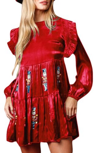 Felcia Womens Christmas Sequin Mini Dress Long Sleeve Glitter Nutcracker Print Tiered Dress Y2k Going Out Short Dress Streetwear (A-Red, L)