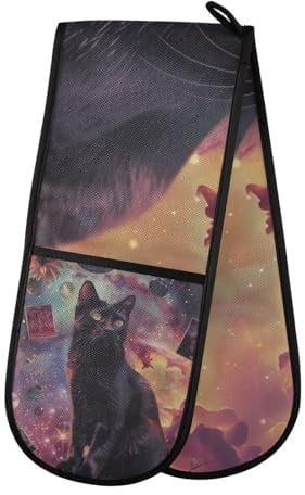 Oven Gloves Double Oven Gloves Black Cat Galaxy Dollar Oven Mitts Pot Holder Heat Resistant Quilted for BBQ Baking Kitchen Cooking Gloves