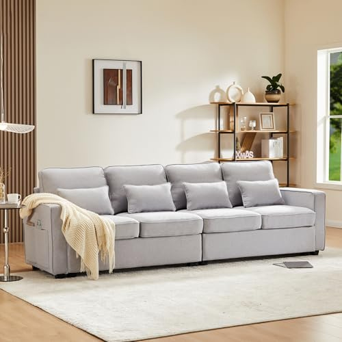 Merax Sofa 4 Sitzer Couch aus Leinenstoff, Big Sofa mit Bequeme Polsterung, für Wohnzimmer/Schlafzimmer/Gästezimmer, mit Armlehnen-Taschen und 4 Kissen, Gray