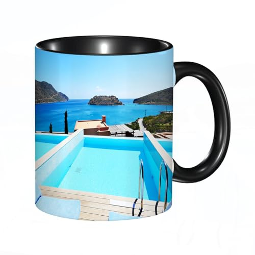 HRRASFAZF Tasse Kaffeetassen,Große 330ml Mit Henkel 100% Handbemalt kaffeebecher porzellan,Hausdekor, Poolhotel mit Blick auf die l Kreta, Griechenland, Terrasse, türkisfa,Frauen,Jahrestag,Muttertag