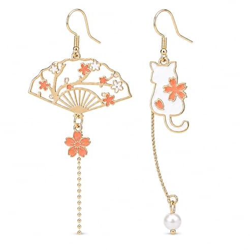 Niedliche Rosa Sakura Fächer Ohrringe mit Katzenanhänger Statement Frühlingsfloralschmuck Kirschblüten Accessoires Geschenke für Damen