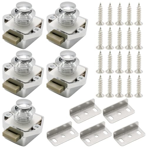 Hoypeyfiy 5pcs Push Button Drawer Door Latch, Cabinet Door Catch Lock for 15-18mm Thickness, for RV Boat Van Yacht Campervan (Silver) (Silver)