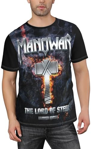 Männer Mán%owáŕ Metal Band Kurzarm-T-Shirt Short-Sleeve-Shirt mit facettiertem Allover-Druck für Herren Sommerliches Allround Top Mehrfarbig M