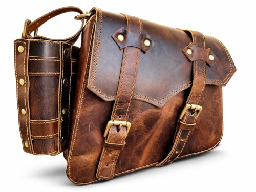 Motorrad-Satteltasche aus echtem Leder | Seitentasche l Fahrradgabeltasche | Seitenlenkerwerkzeug Universal passend | Universelle Aufbewahrungstasche | Mit Becher-/Flaschenhalter (Right side bag)