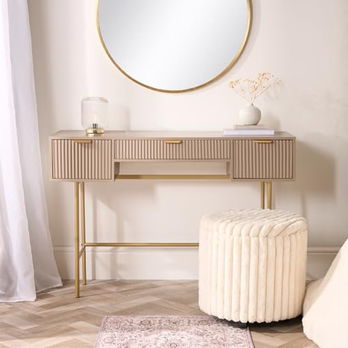 OHS Vanity Table, Ribbed Wooden Dressing Table with 3 Drawers Decorative Drawer Organiser with Gold Metal Frame Modern Makeup Desk for Bedroom, Taupe - 110 x 35 x 75cm