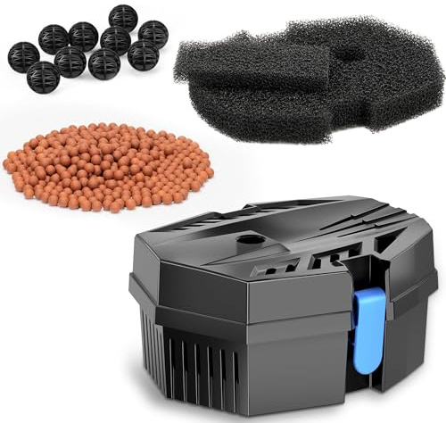 POPOSOAP Caja de filtro de estanque para estanques pequeños al aire libre, purificador de agua con alfombrillas filtrantes/bulbos biológicos/bolas cerámicas, protección de bomba y fácil mantenimiento