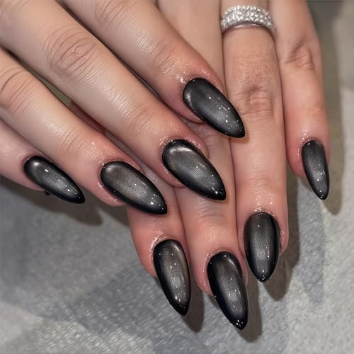 Auroriel 24 Pieces Medium Length Almond Shape Press On Nails Cat Eyes Black With Stiletto Tip Opaque Glitter Chrome Gel Look Glue Acrylic Art Nails For Women Party Manicu