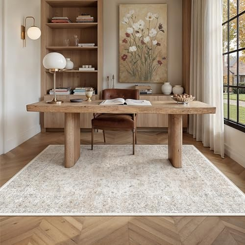 PureCozy Teppich Wohnzimmer 120x170cm Vintage Waschbarer Beige Tepich | Rutschfest Kurzflor,Weich Cream Teppiche,Wohnzimmerteppich,Schlafzimmer,Esszimmer,Büro,Kinderzimmer