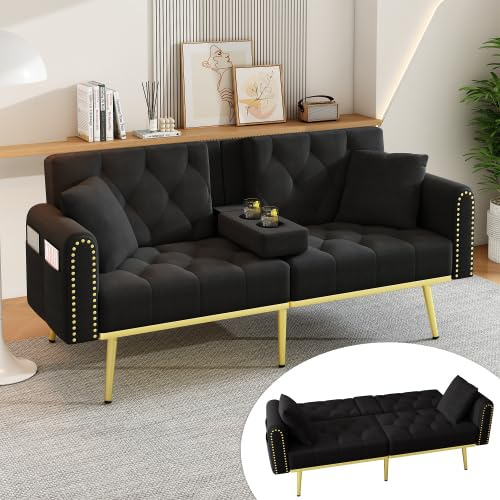 Merax Schlafsofa 2 Sitzer Sofa mit Schlaffunktion, Klappsofa mit verstellbarer Rückenlehne 108°/135°/180°, Sofa Bed mit Getränkehalter und Kissen, Schwarze Samt Couch,Multifunktionssofa für Wohnzimmer