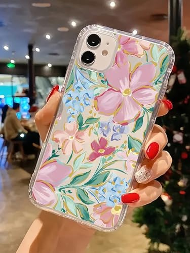 Clear Phone Case for iPhone, Floral Design with Pink Flowers, Shockproof Protective Cover (iPhone 11 Pro Max,Multicolor)